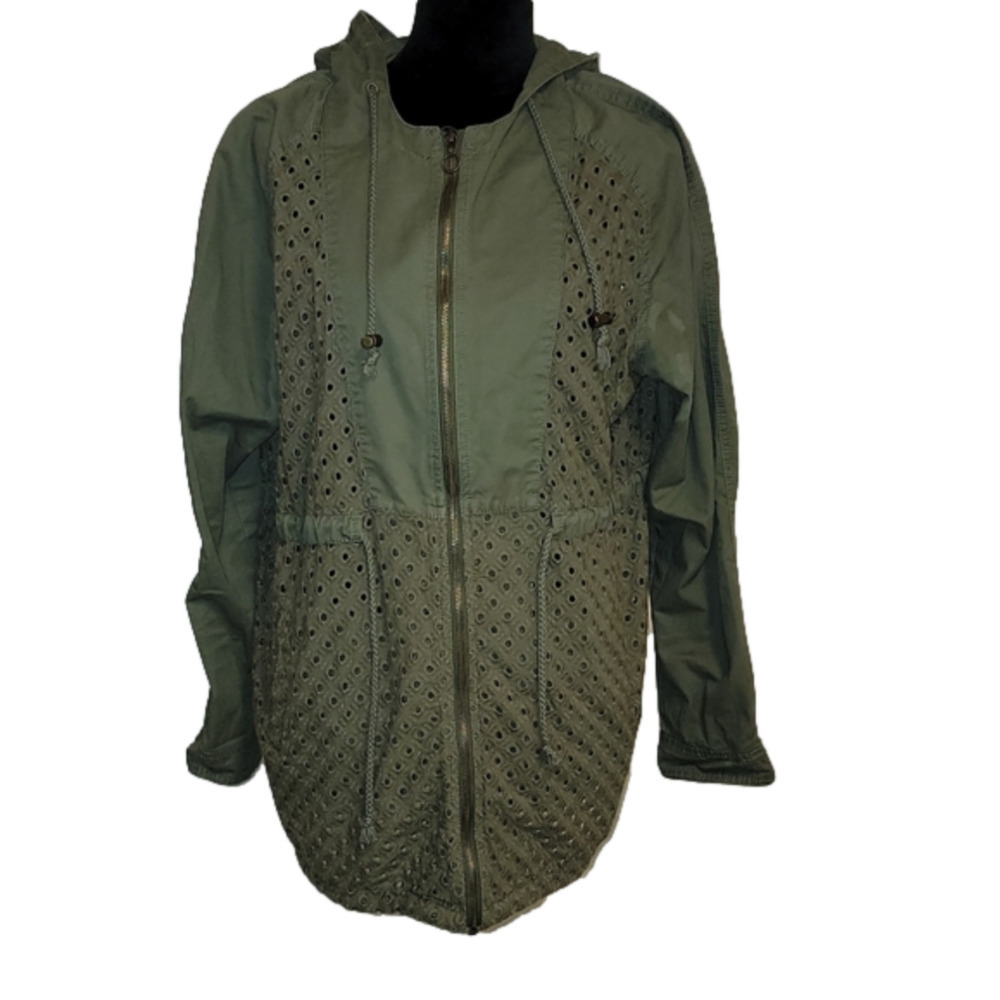 BETHANY Mota Army Green Eyelet Full Zip Hooded Cinched Waist Jacket size…